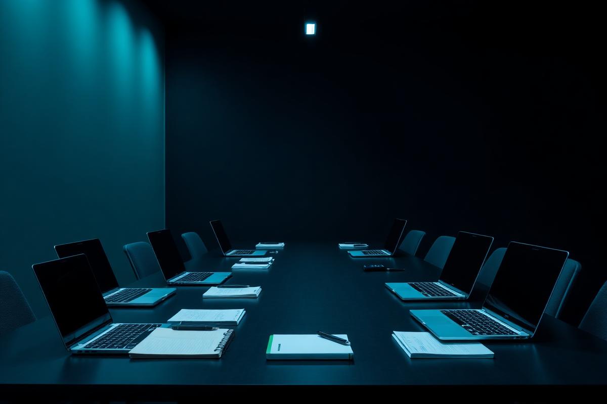 Meeting room prepared with laptops and notebooks for a project discussion