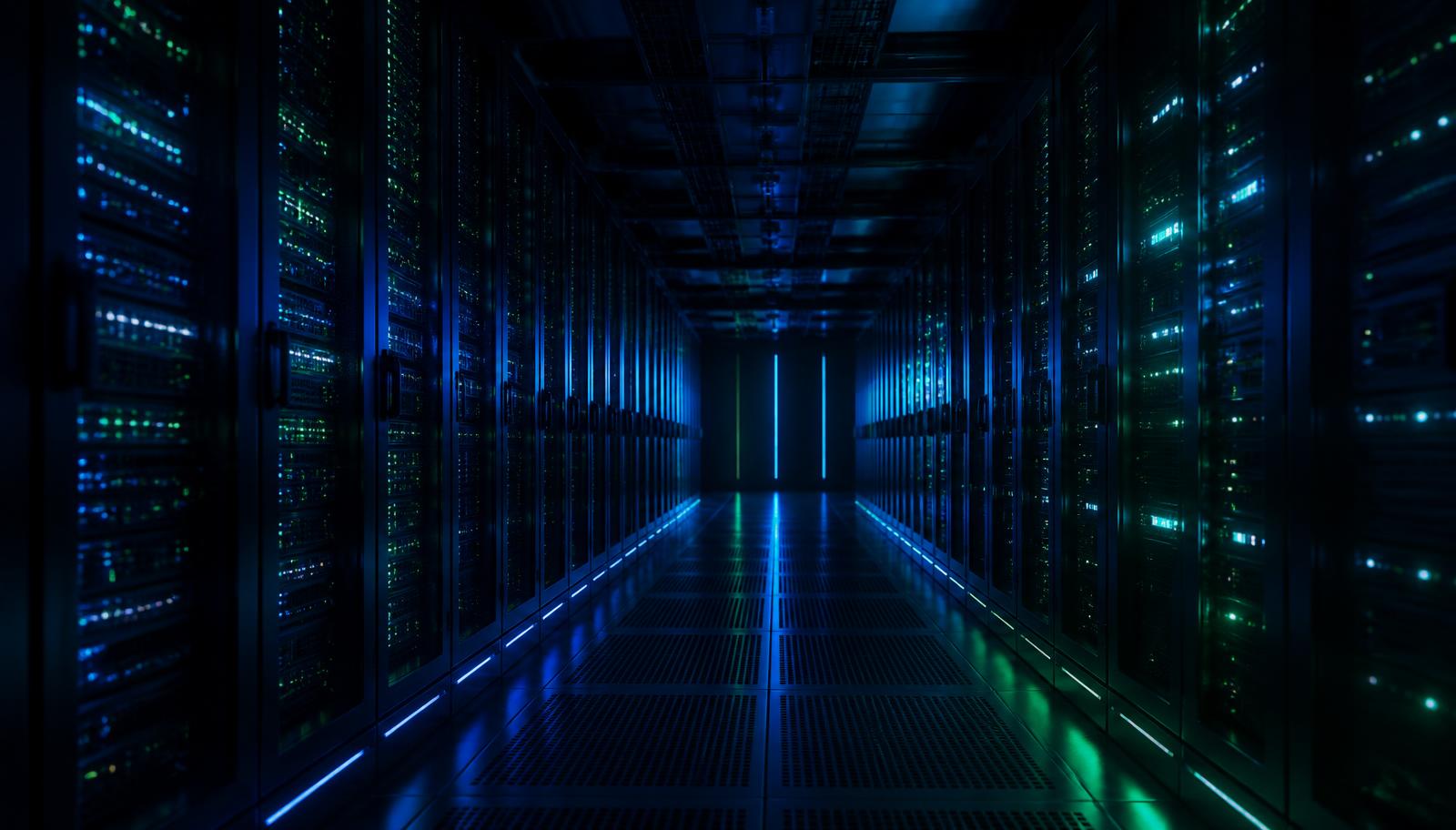 Data centre corridor illustrating automated processing infrastructure
