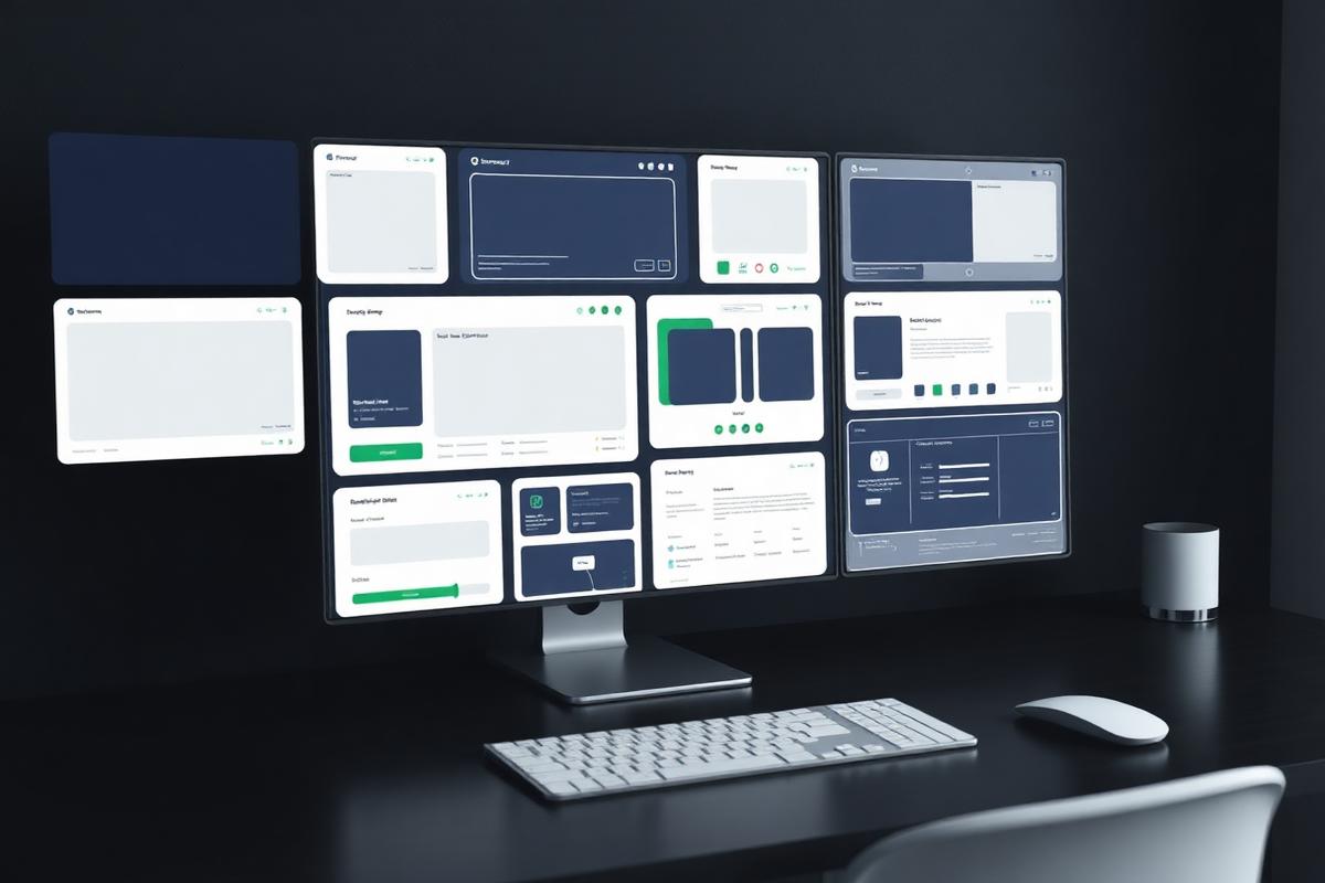 Abstract web application interface panels displayed on a monitor